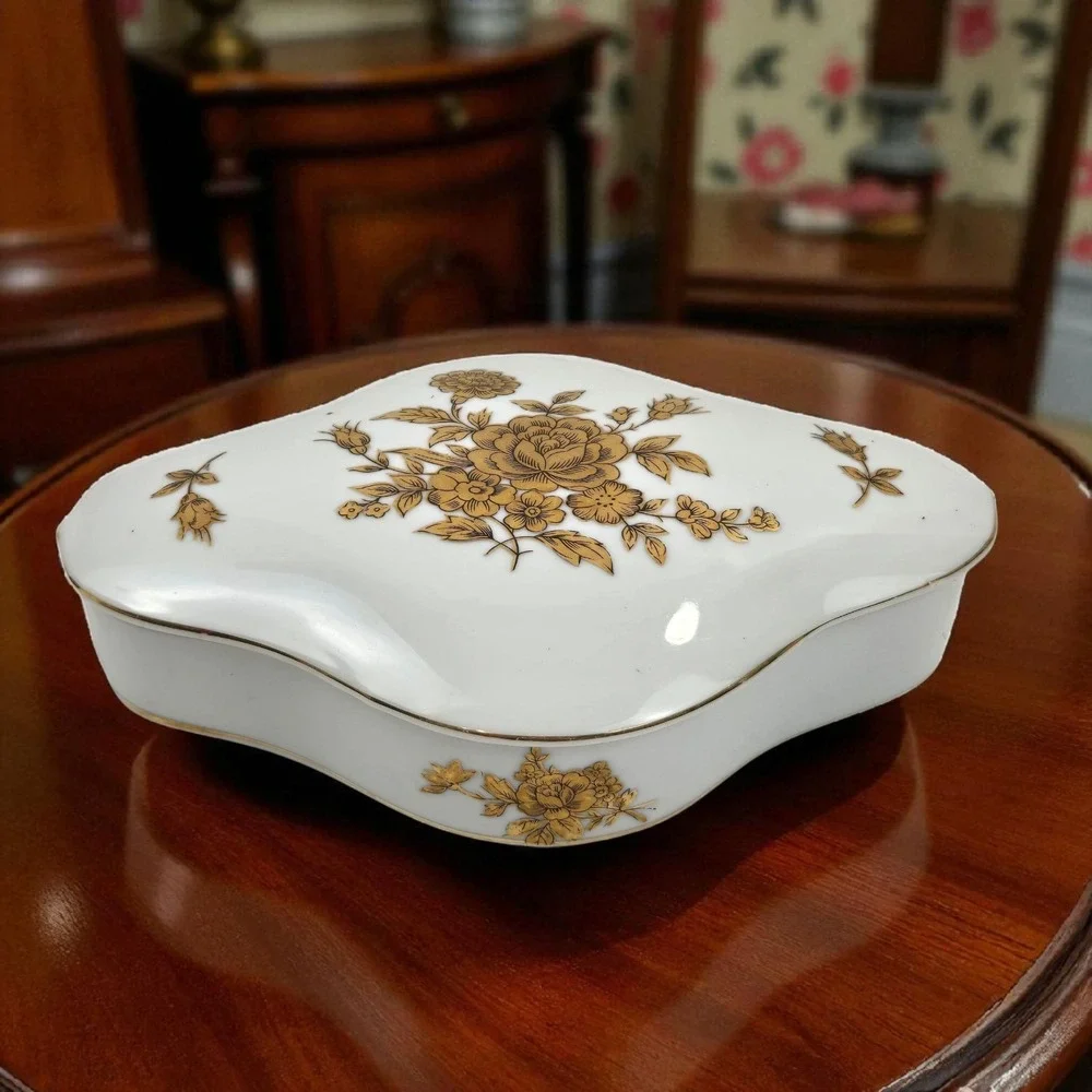 Vtg Porcelain Arnart Creation Trinket Vanity Dish w Gold Leaf Rose & Trim Japan